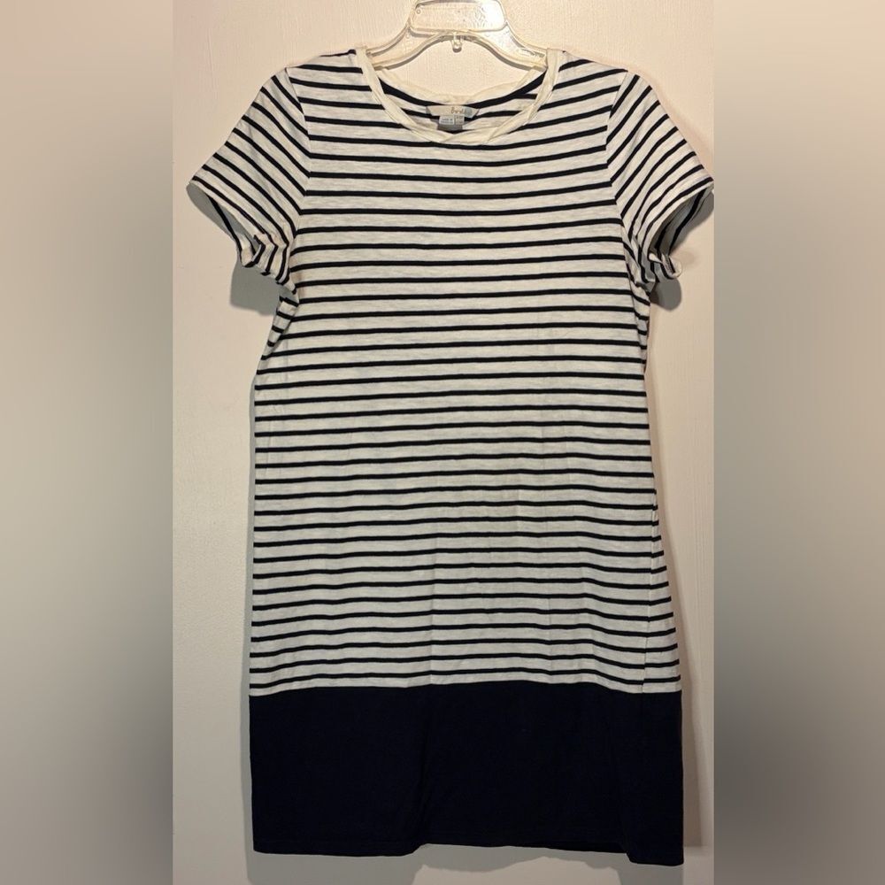 Boden- 100% Cotton Navy and Cream Striped Dress Braided Neckline- Size 10
